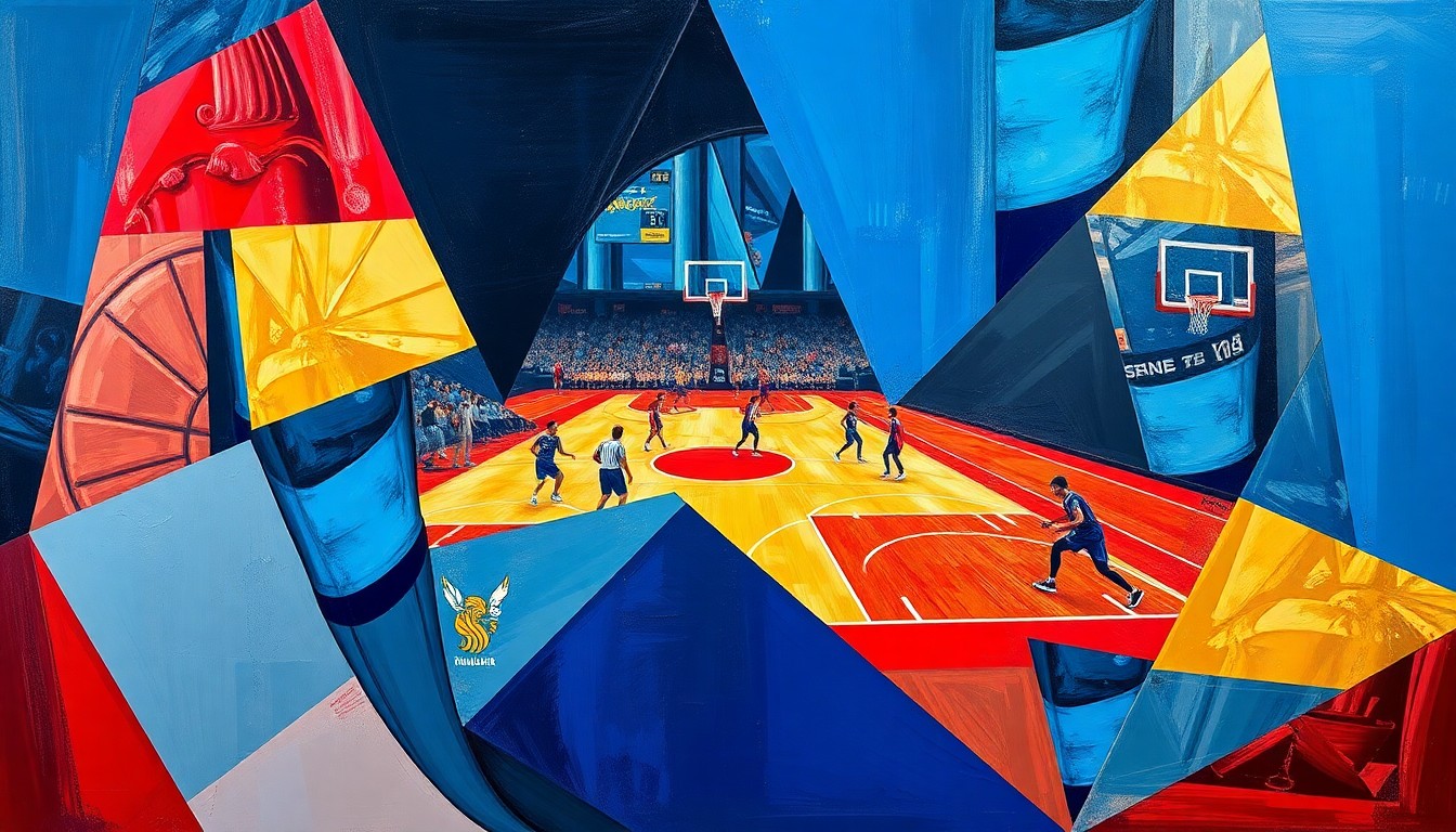 A fragmented, cubist-style painting depicting a WNBA basketball game, with the players and court broken down into sharp, overlapping geometric shapes in a palette of deep blues, vibrant reds, and metallic golds, conveying the high-stakes tension of the ongoing CBA negotiations.