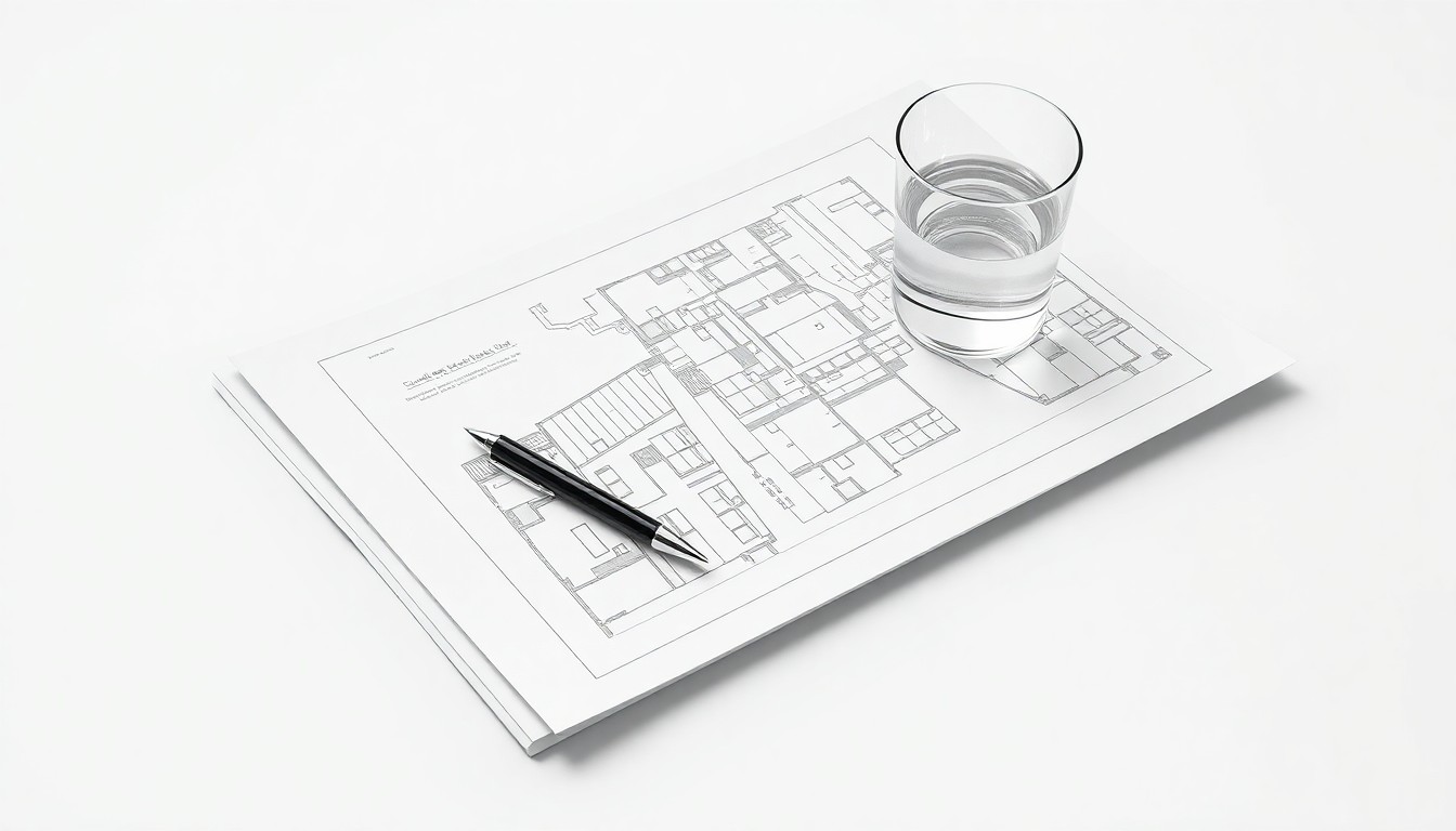 A photorealistic studio still life featuring a stack of architectural blueprints, a pen, and a glass of water arranged on a clean white background, symbolizing the careful planning and focus required for successful real estate development.