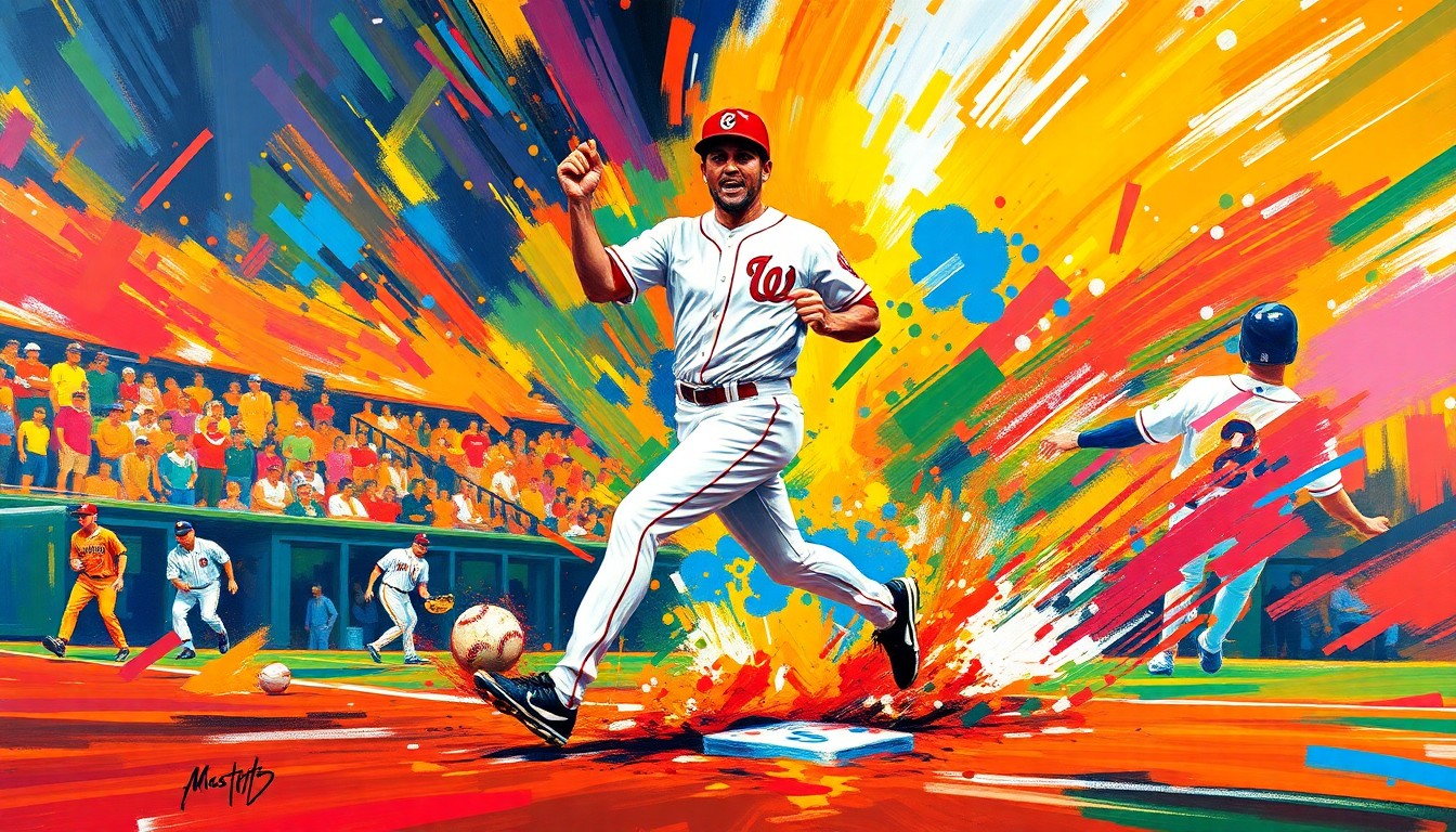 A dynamic, neon-colored painting depicting the energetic motion of a baseball player running the bases, conveying the triumph and joy of overcoming adversity.