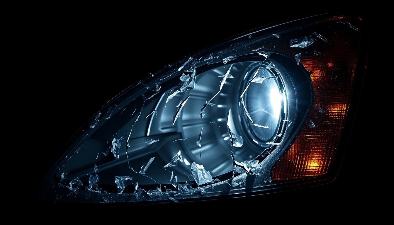 An extreme close-up photograph of a shattered car headlight lens against a pitch-black background, capturing the fragmented glass and twisted metal in stark detail to conceptually represent the aftermath of a violent collision.