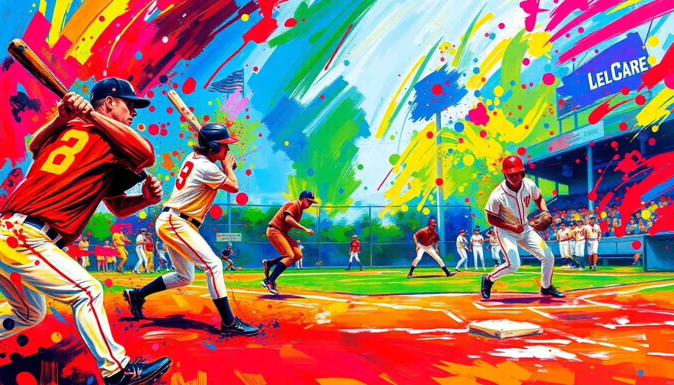 An abstract, energetic painting in neon colors depicting the dynamic motion and intensity of a high school baseball game, with players' forms blending into vibrant brushstrokes.