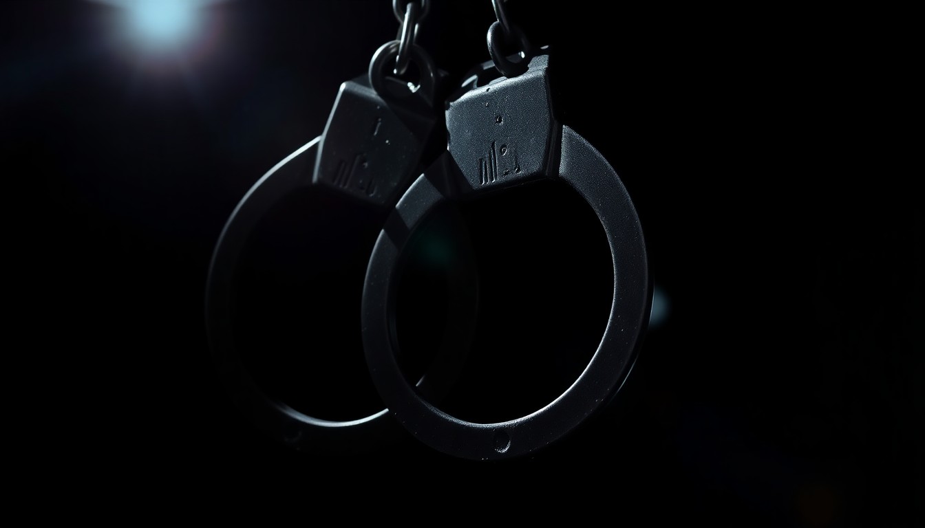 An extreme close-up photograph of a pair of handcuffs against a pitch-black background, lit by a harsh, direct camera flash, creating a stark, gritty, investigative aesthetic.