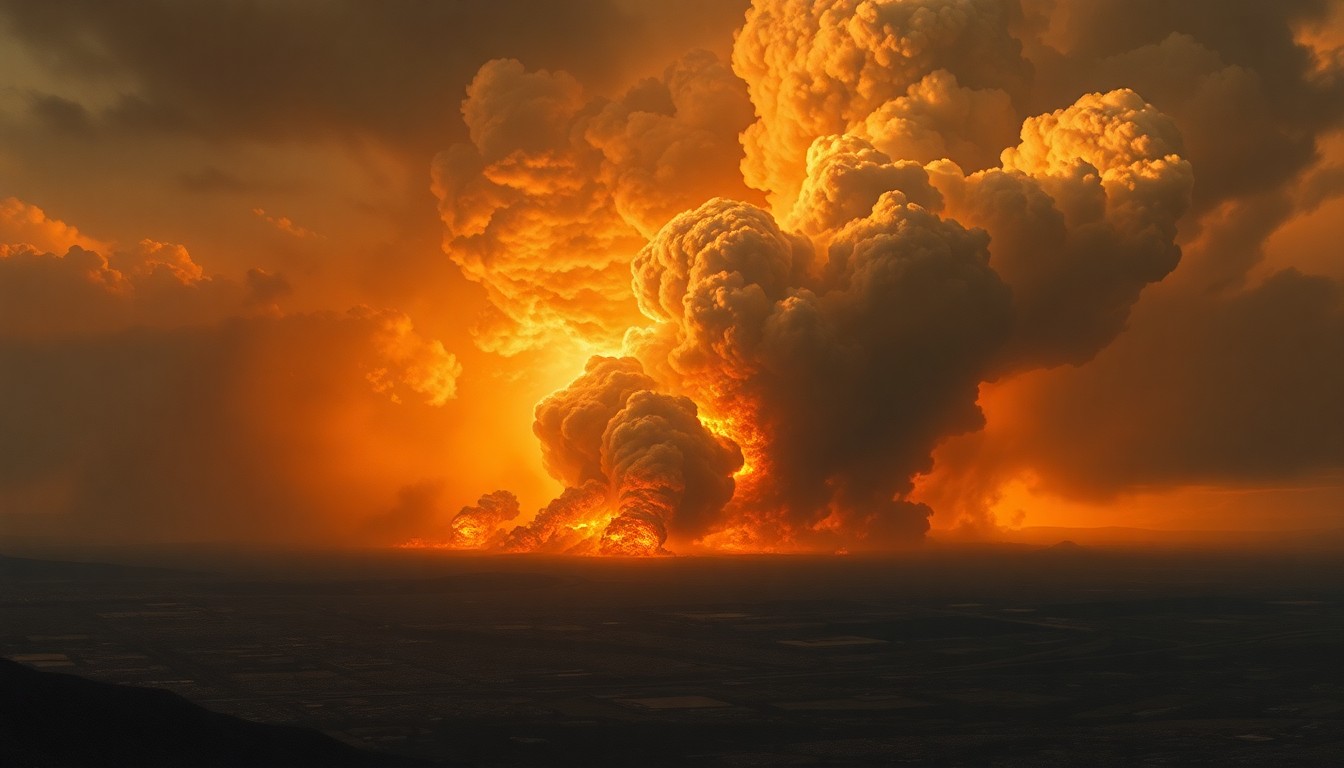 A sweeping, atmospheric landscape painting depicting a towering plume of smoke and flames rising from a distant city block, conveying the overwhelming scale and power of the natural disaster.