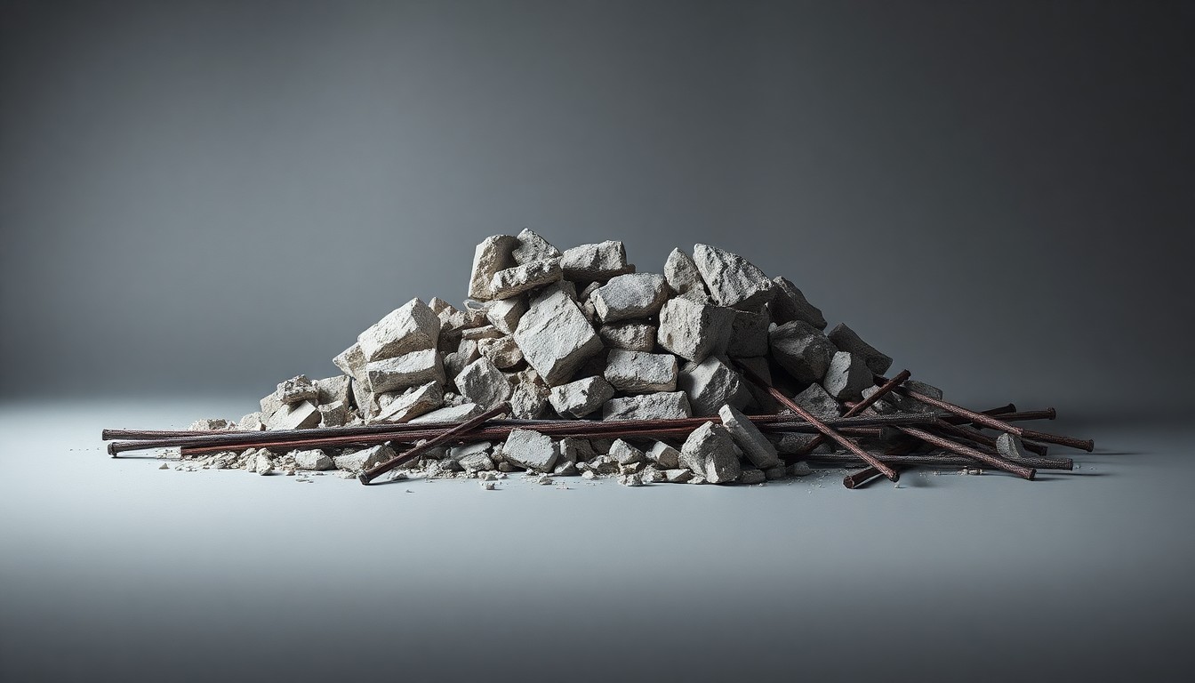 A high-end, photorealistic studio still-life photograph featuring a pile of twisted, broken concrete rubble and steel rebar, representing the aftermath of the CHOP garage collapse. The objects are arranged elegantly on a clean, monochromatic grey background, using sharp, dramatic studio lighting and deep shadows to convey the gravity and destruction of the incident.