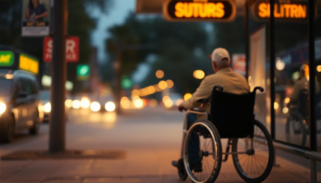An extremely abstracted, out-of-focus photograph of a wheelchair user waiting at a bus stop, with soft pools of warm light and color surrounding them, conceptually representing the accessibility challenges faced by disabled transit riders in New Orleans.