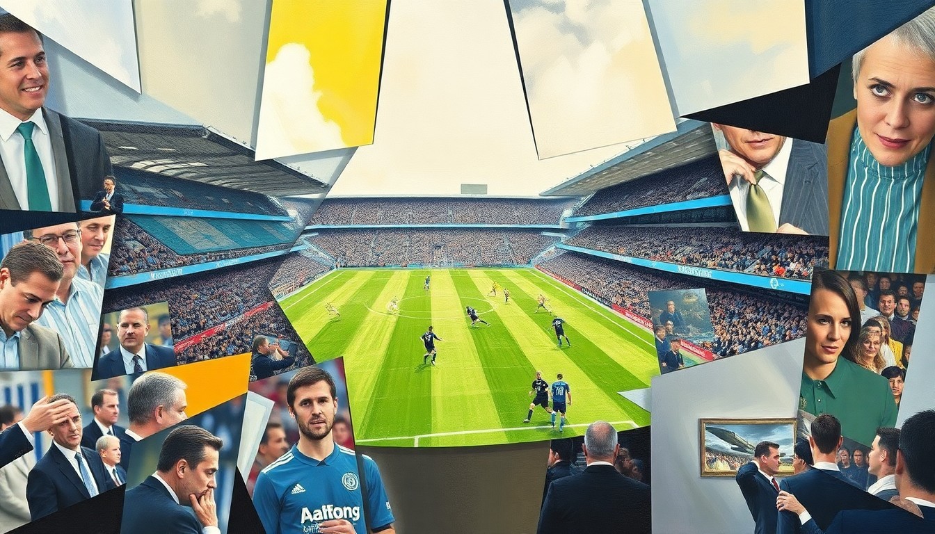 A cubist-style painting depicting a soccer match or competition, with the players and field broken down into sharp, overlapping geometric shapes and planes in vibrant colors, conveying the dynamic energy of the sport.