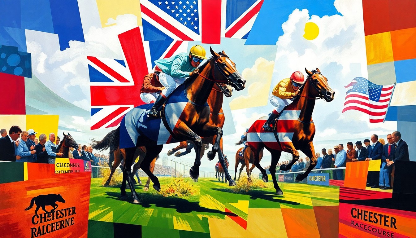 A cubist, geometric painting depicting a horse race at Chester Racecourse, with the colors of the UK and US flags blending together to represent the international collaboration between the two organizations.