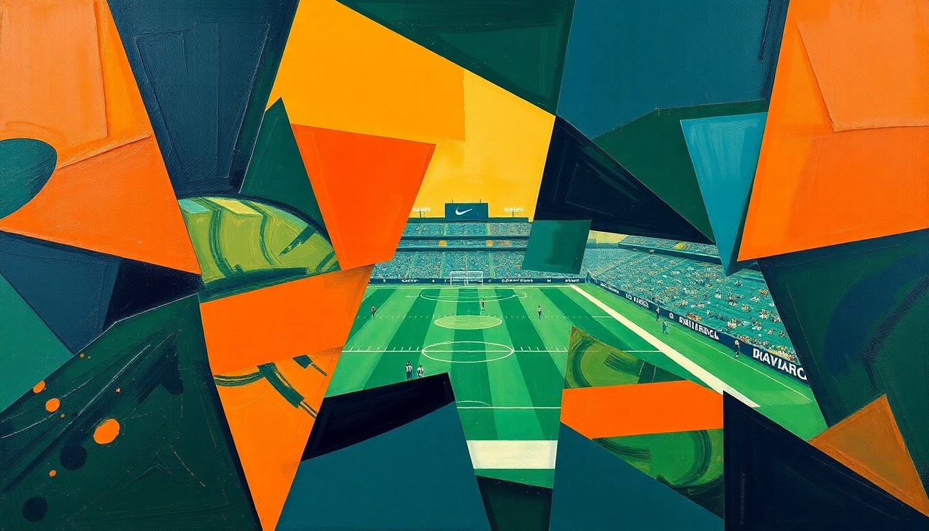 A cubist, geometric painting depicting a fragmented football field, with players and ball shapes broken down into sharp, overlapping planes of color, conceptually representing the strategic decision-making behind the Texans' contract extensions.