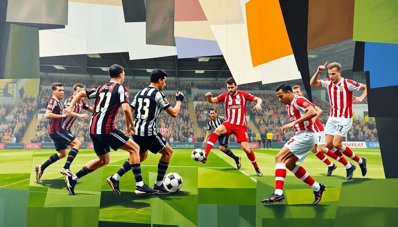 A fractured, multi-perspective painting in the style of Pablo Picasso, breaking down a football match between two teams into sharp, overlapping geometric planes, capturing the dynamic action and contrasting tactical approaches.