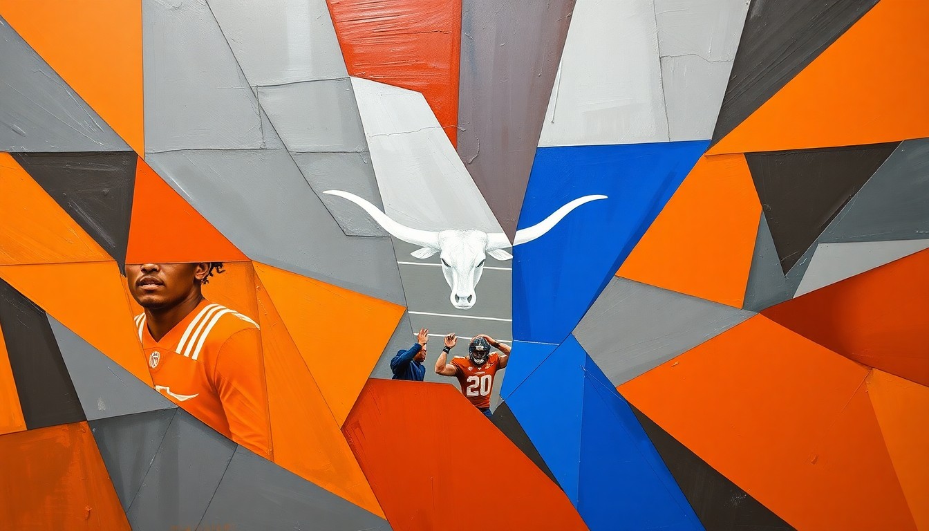 A fractured, cubist-style painting depicting a Texas Longhorns football game or practice, with sharp, overlapping geometric shapes in vibrant orange, gray, and blue colors, capturing the dynamic energy and strategic complexity of the team's defensive transformation under new leadership.