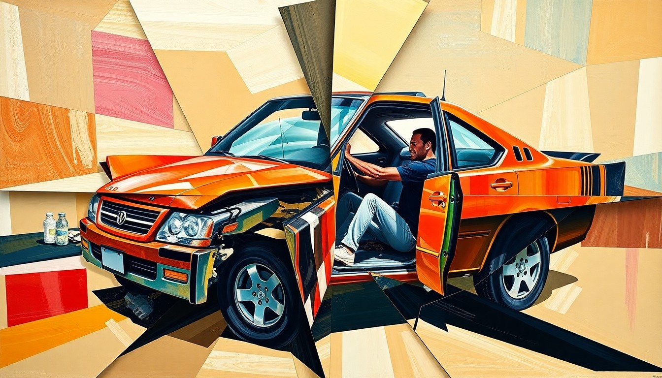 A cubist-style painting depicting a car crash scene in a fractured, geometric style, with sharp planes of color and overlapping shapes representing the chaotic nature of the incident involving Tiger Woods.