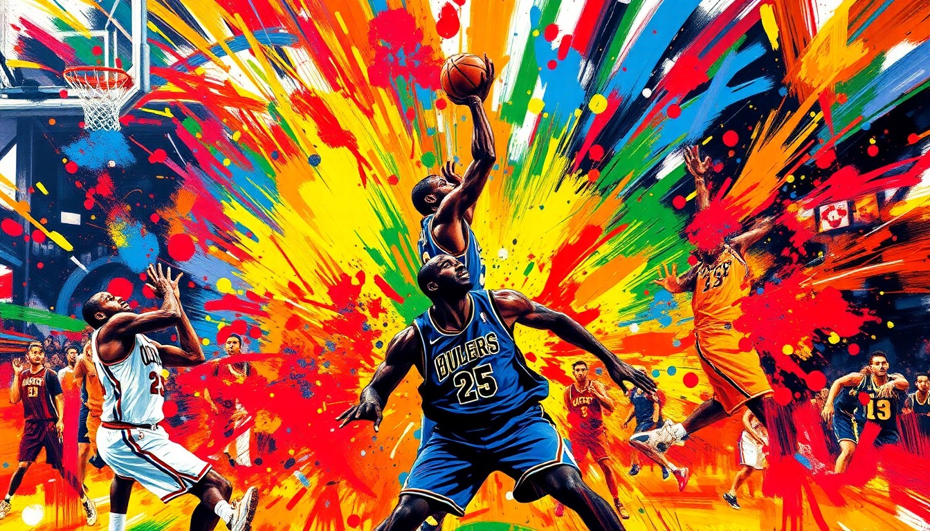 An abstract, expressionist painting in neon colors depicting the frenetic energy and movement of an NBA playoff game, with players' forms breaking down into vibrant, unrecognizable brushstrokes.