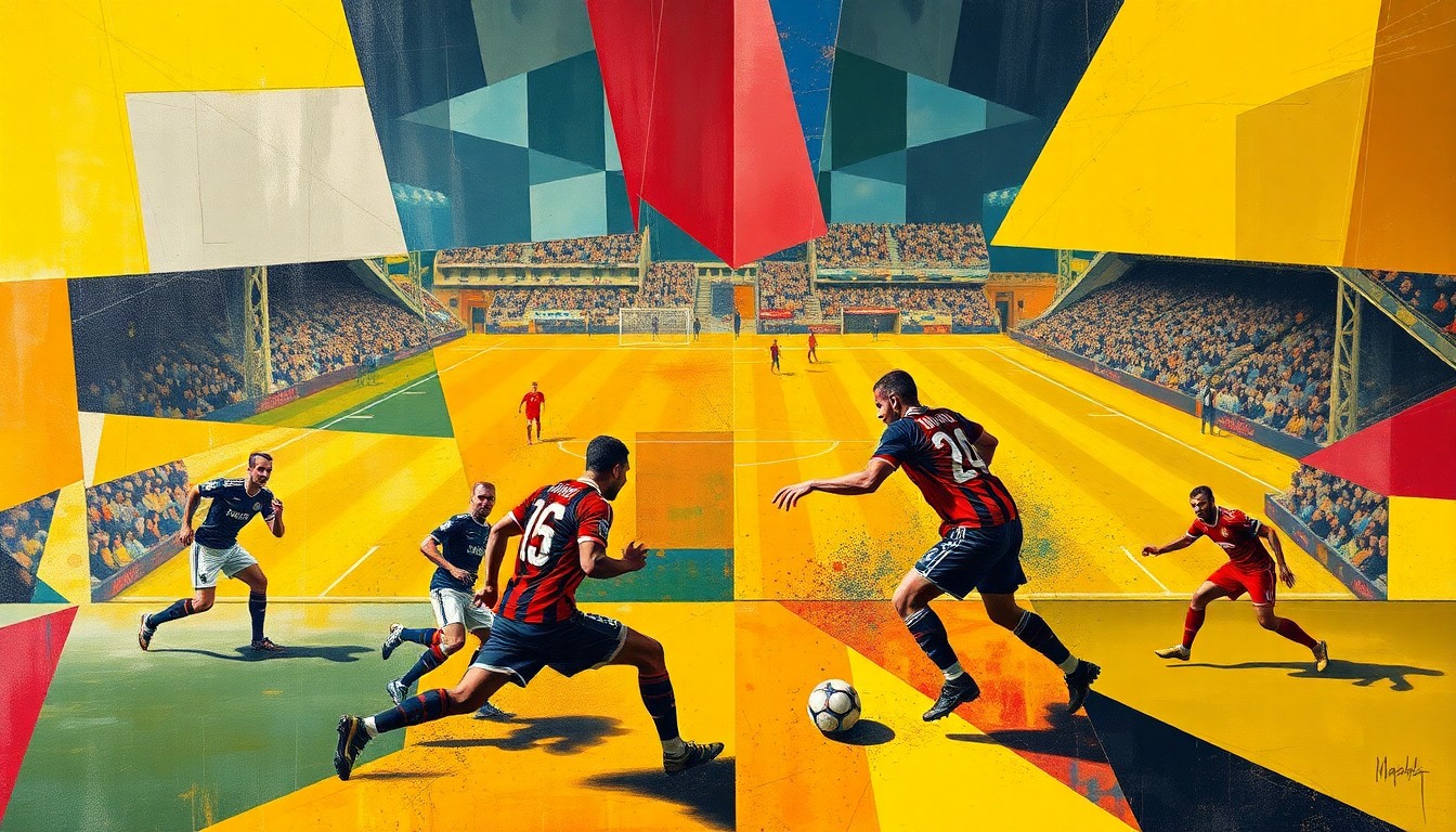 A fragmented, geometric painting depicting a Championship football match, with players and the pitch broken down into abstract shapes and planes in the style of Pablo Picasso. The image captures the intensity and drama of the promotion battle through its cubist, multi-perspective composition.