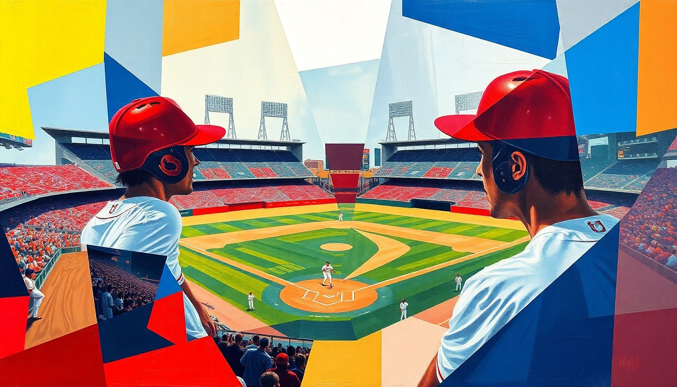 A fractured, geometric painting in vibrant colors depicting an abstract baseball game or match, with players and the field broken down into sharp, overlapping planes and shapes, conveying the unpredictable nature of spring training success translating to the regular season.