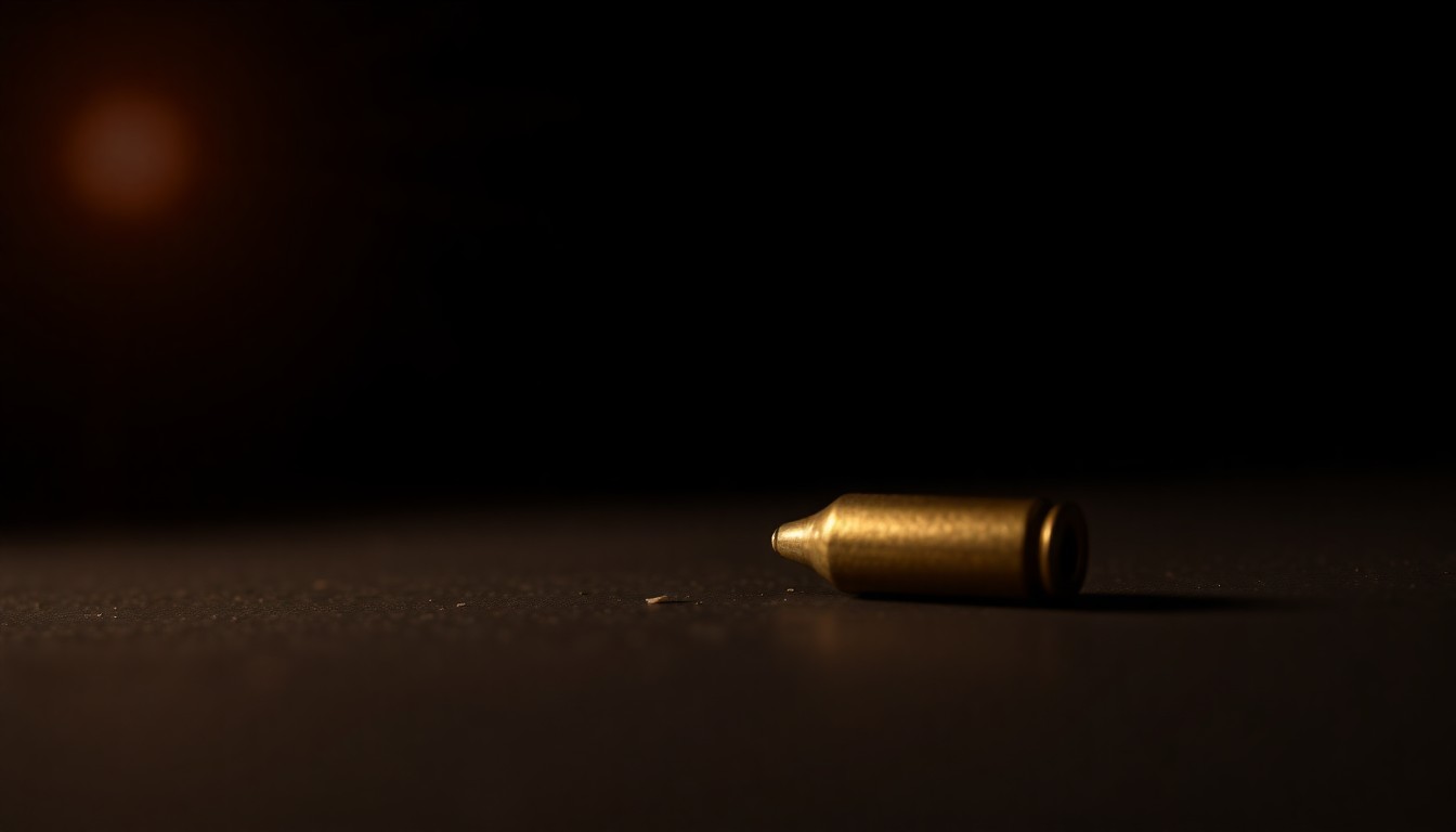 An extreme close-up photograph of a single spent bullet casing on a dark surface, conceptually representing the aftermath of a shooting incident.