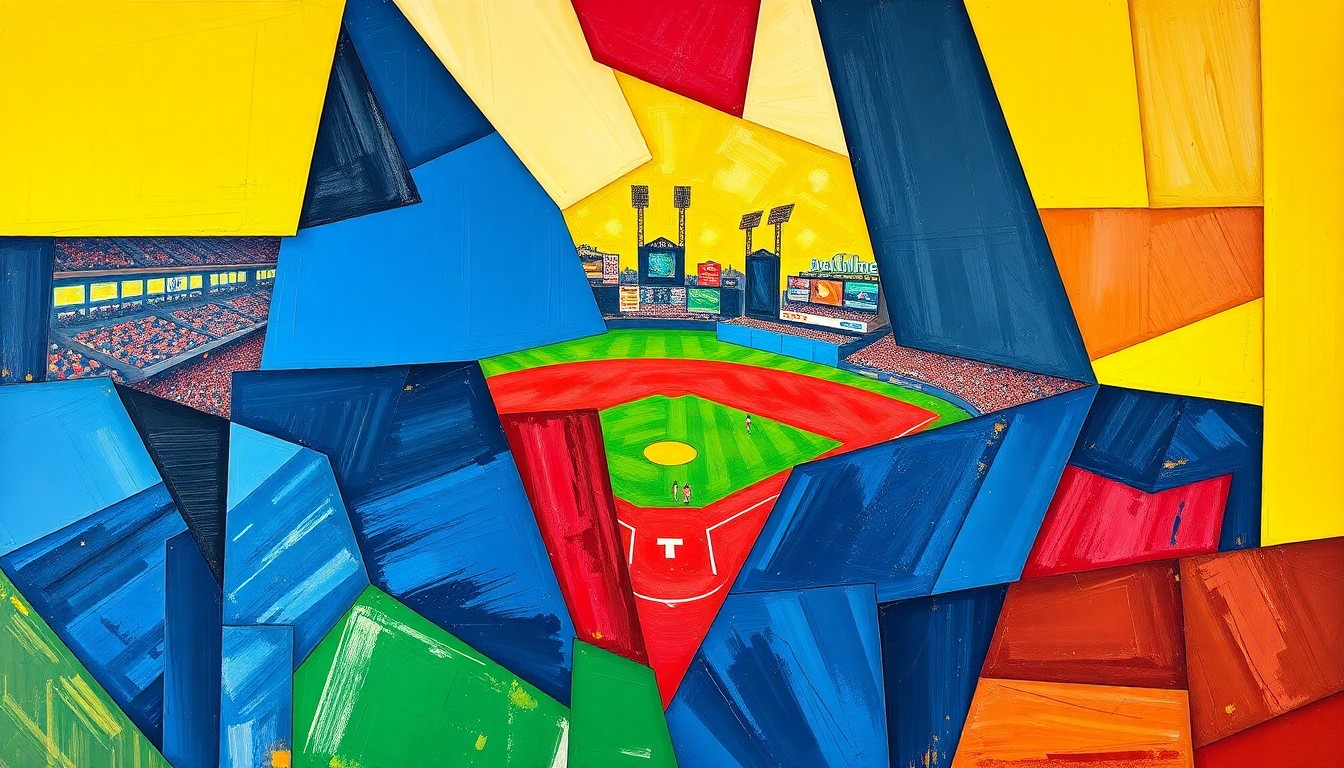 A cubist, geometric painting depicting a baseball game broken down into fragmented, overlapping shapes and planes in navy, red, and yellow, conveying the fractured nature of the Demon Deacons' loss.