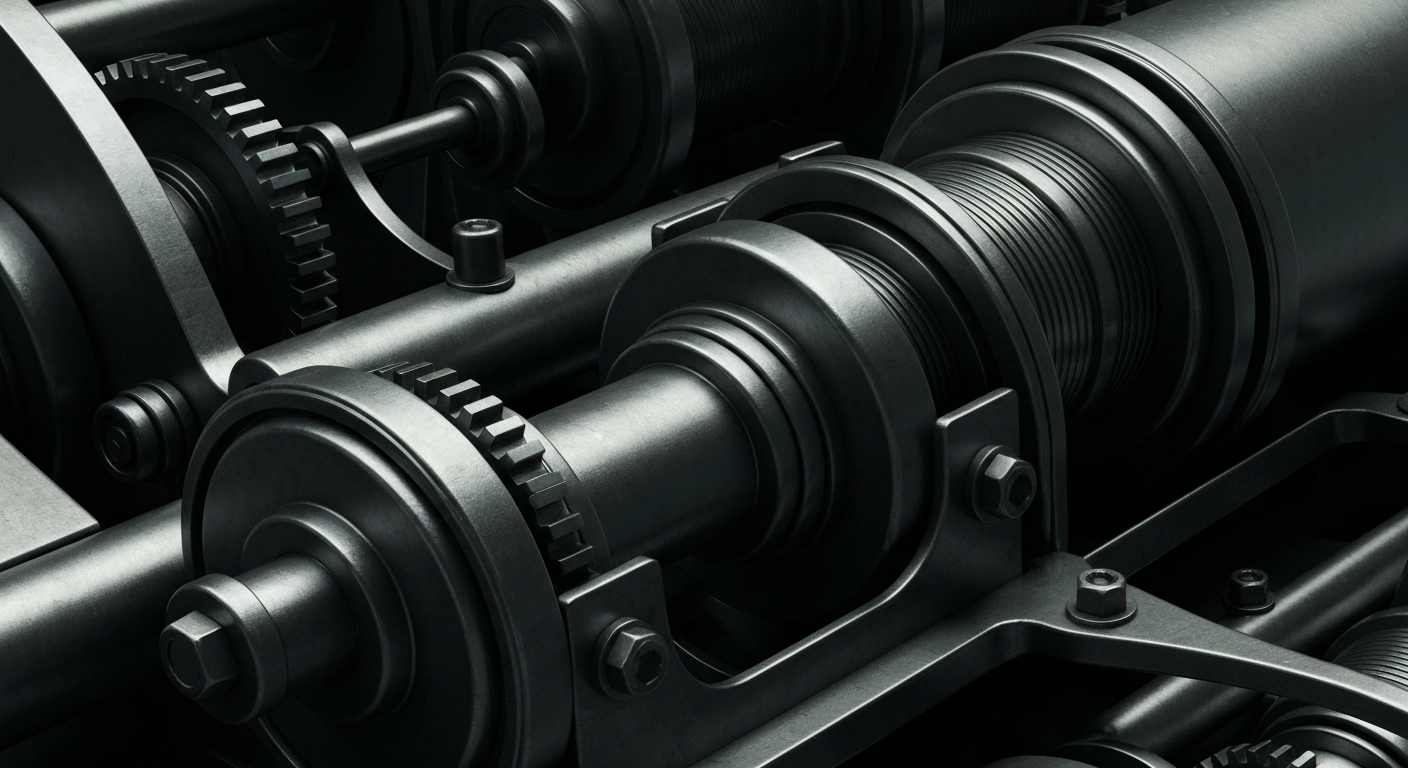 A highly detailed, black-and-white close-up photograph of the inner workings of a banking machine, with gears, levers, and other mechanical components filling the frame, conveying the idea of the hidden complexities and infrastructure that underpin the currency markets.