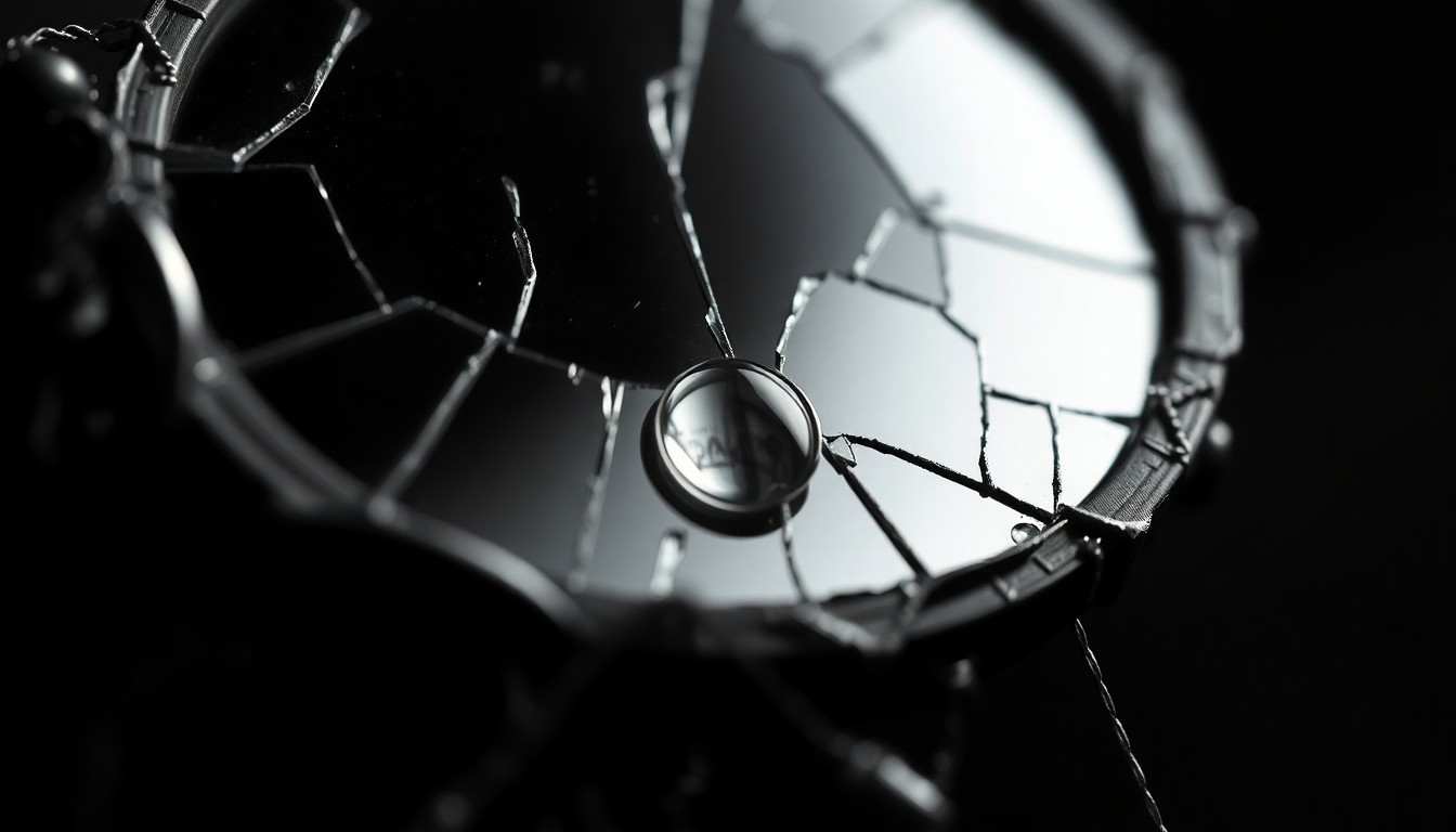 An extreme close-up photograph of a cracked, shattered mirror reflecting a single tear drop, conceptually representing the fragile, emotional nature of heartbreak captured in music.