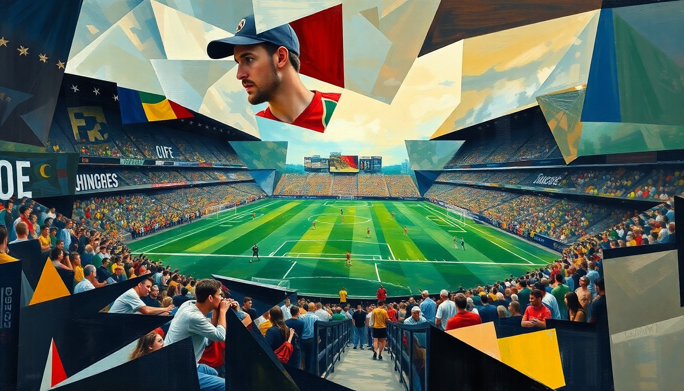 A cubist-style painting depicting a football game or match broken down into sharp, overlapping geometric shapes and planes, conveying the dynamic and evolving nature of the Bills' roster changes.