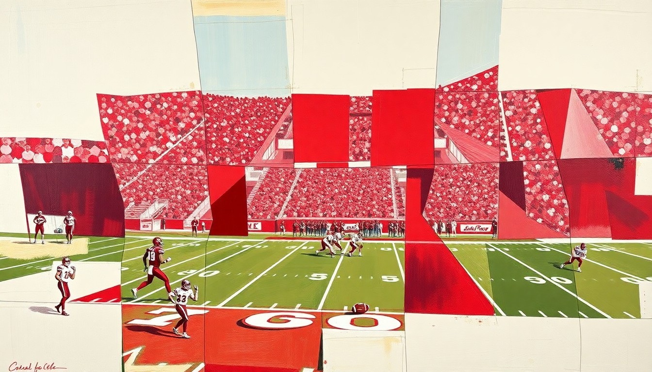 A cubist, geometric painting in shades of crimson and cream, depicting fragmented, overlapping scenes of a college football team practicing, with players and equipment broken down into sharp, angular shapes.