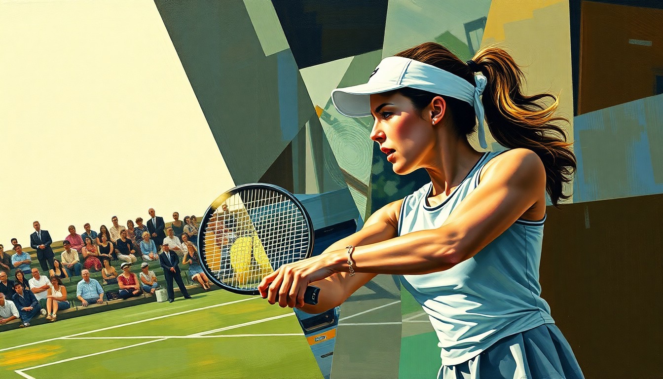 A fractured, geometric painting depicting a tennis match in motion, with the players' forms broken down into sharp, overlapping planes of color and shape, conveying the intensity and nuance of Pegula's evolving game.