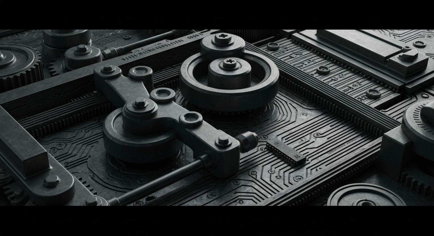 An extreme close-up of interlocking metal gears and circuits, conveying the intricate mechanics of the banking and finance industry.