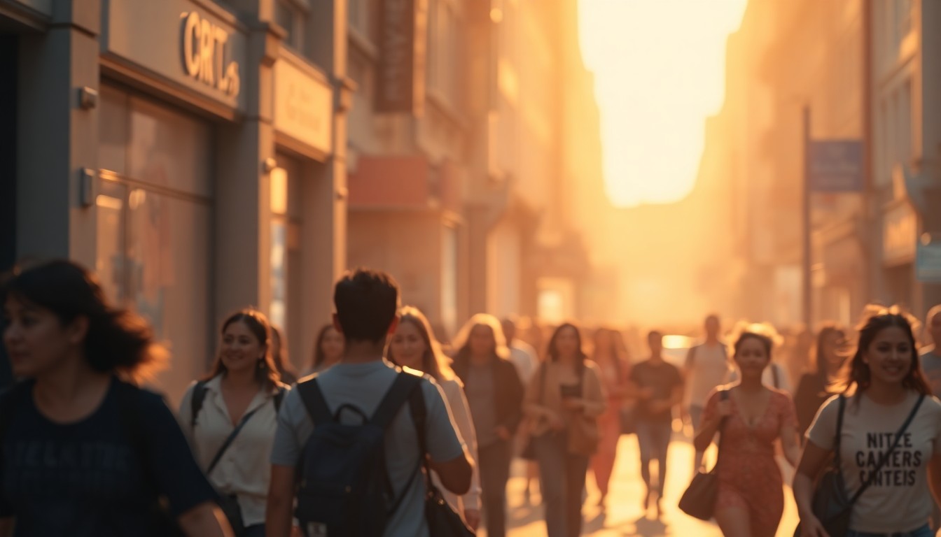 An abstract, out-of-focus scene of people walking on a city street, with warm, hazy pools of light and color creating a dreamlike, atmospheric mood that captures the changing nature of Washington, D.C.'s diverse community.