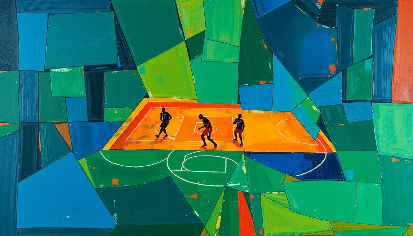 A fractured, cubist-style painting depicting the dynamic movements and energy of a basketball game, with sharp geometric shapes and planes in a bold color palette representing the versatility and adaptability of player Abby Lusk.