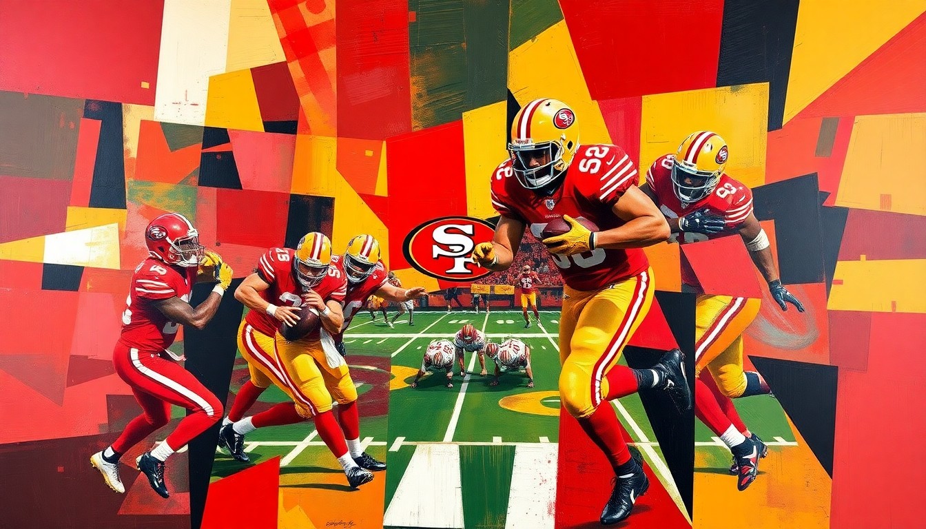 A fragmented, cubist-style painting depicting a 49ers football game, with sharp geometric shapes and planes of scarlet red, gold, and black colors, capturing the team's draft tendencies in an abstract, conceptual manner.