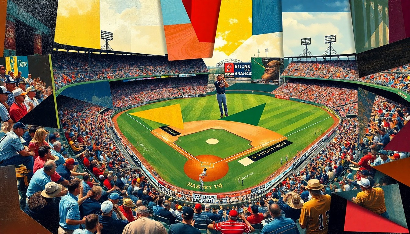 A cubist, geometric painting depicting a baseball game in motion, with players and the field broken down into sharp, overlapping shapes and planes of color.