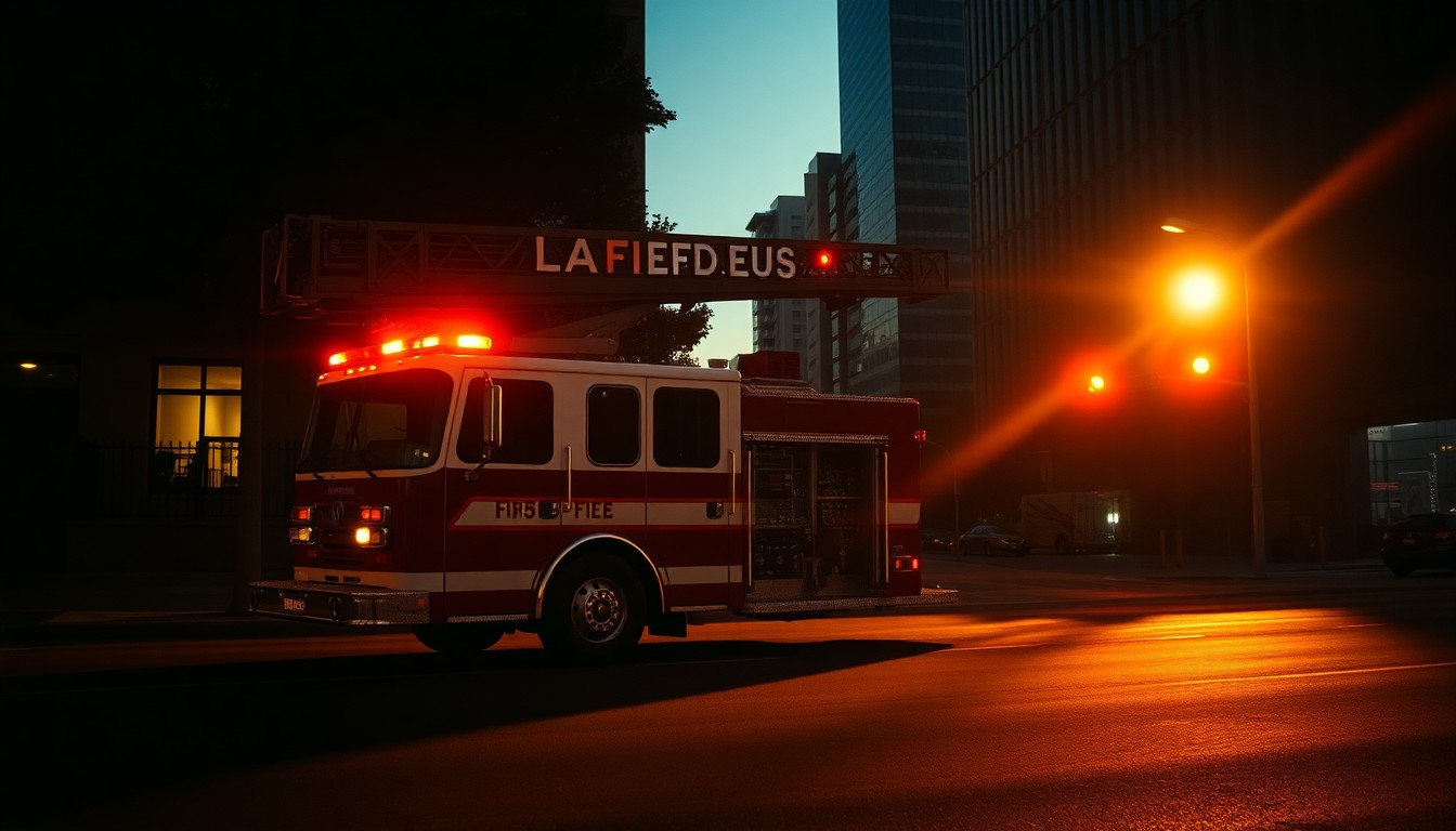 A cinematic painting of a solitary fire engine parked on a dimly lit city street, with warm, diagonal sunlight and deep shadows creating a contemplative, nostalgic mood that captures the LAFD's media relations challenges.
