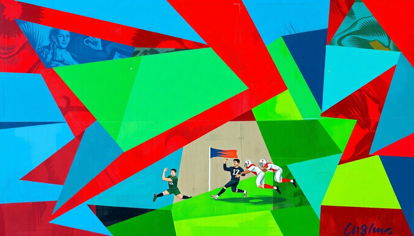 A cubist-style painting depicting a flag football game, with the players and field broken down into sharp, overlapping geometric shapes in vibrant colors, conveying the dynamic and strategic nature of the sport.