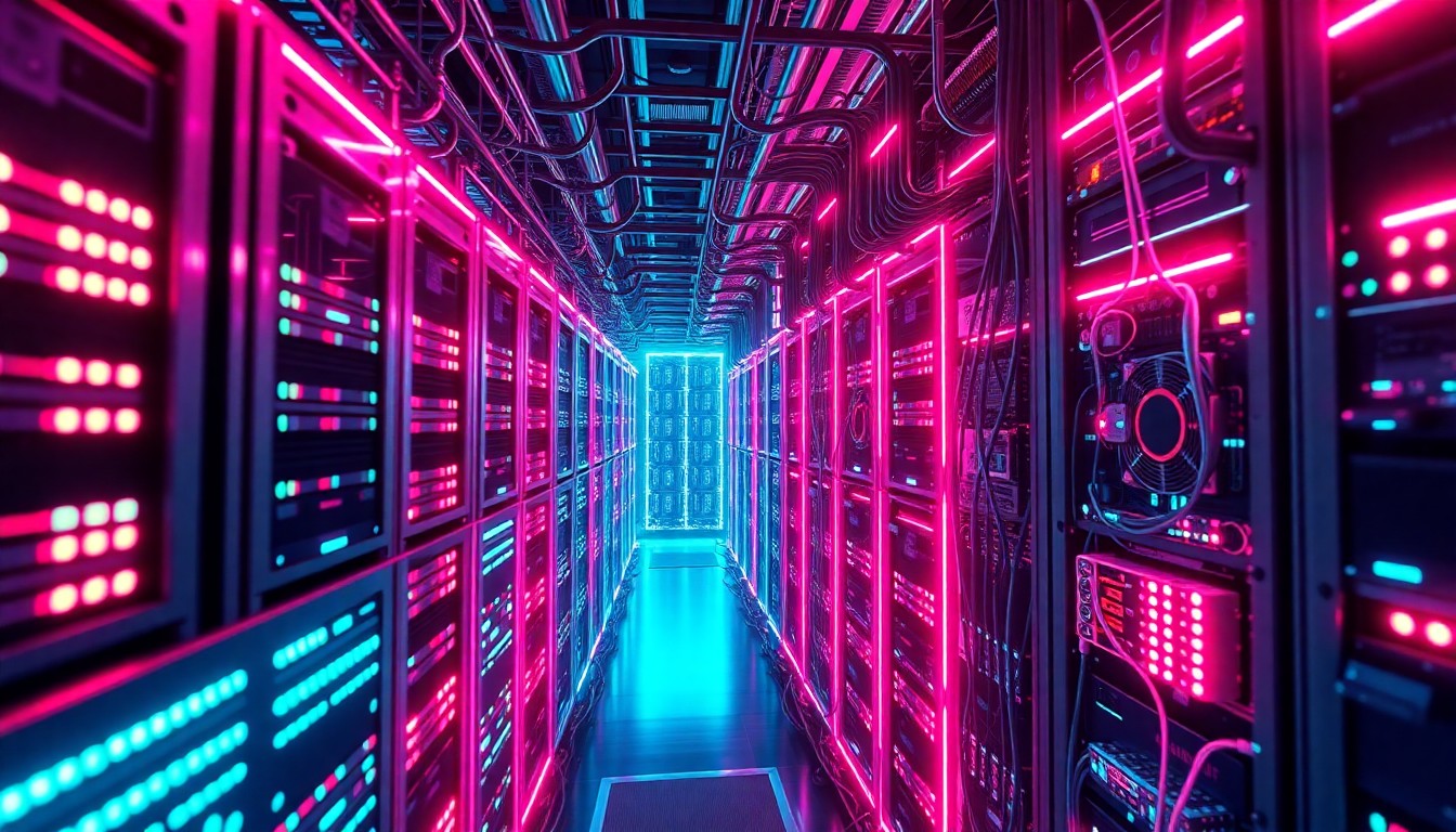 A highly detailed, glowing 3D macro illustration of a complex data center infrastructure, with neon cyan and magenta lights illuminating the intricate network of servers, cables, and cooling systems, conceptually representing the immense scale and power of the tech industry's digital backbone and the environmental impact of this shadow power grid.