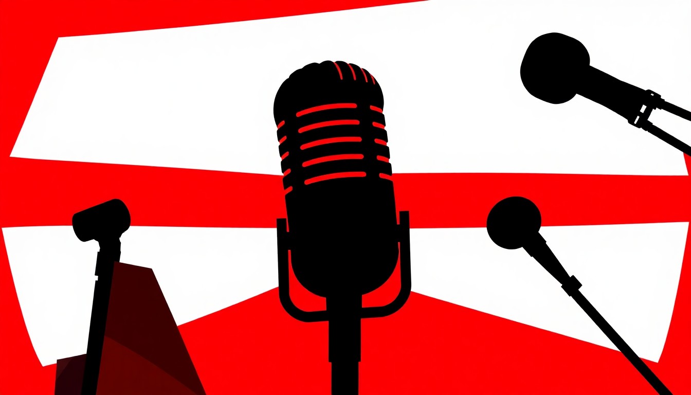 A bold, abstract illustration featuring a striking black silhouette of a microphone against a high-contrast red and white background, representing the transition of late-night television hosts.