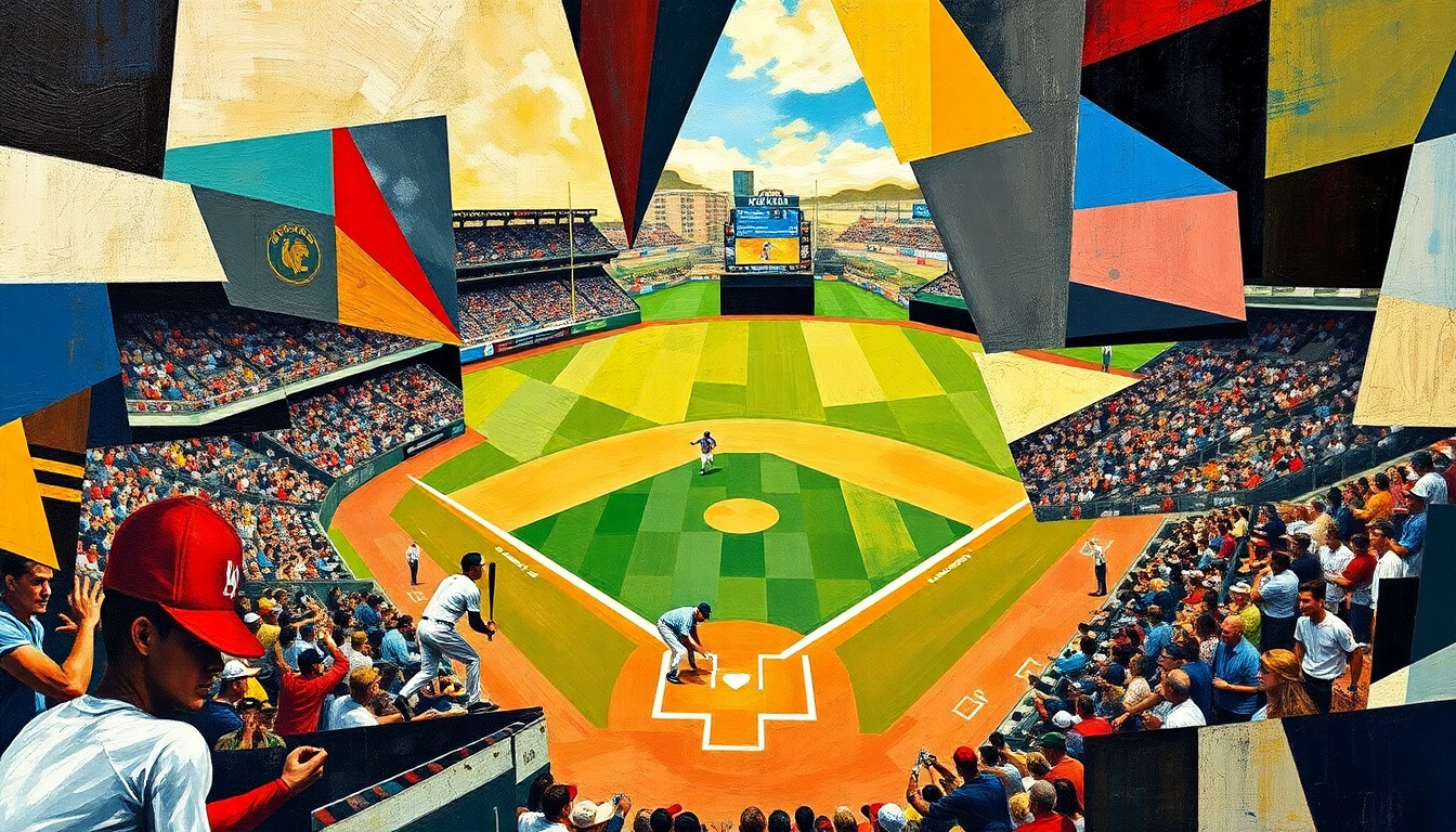 A cubist, geometric painting depicting a baseball game or match, with players and the field broken down into sharp, overlapping planes of color and abstracted shapes, capturing the energy and intensity of the sport.