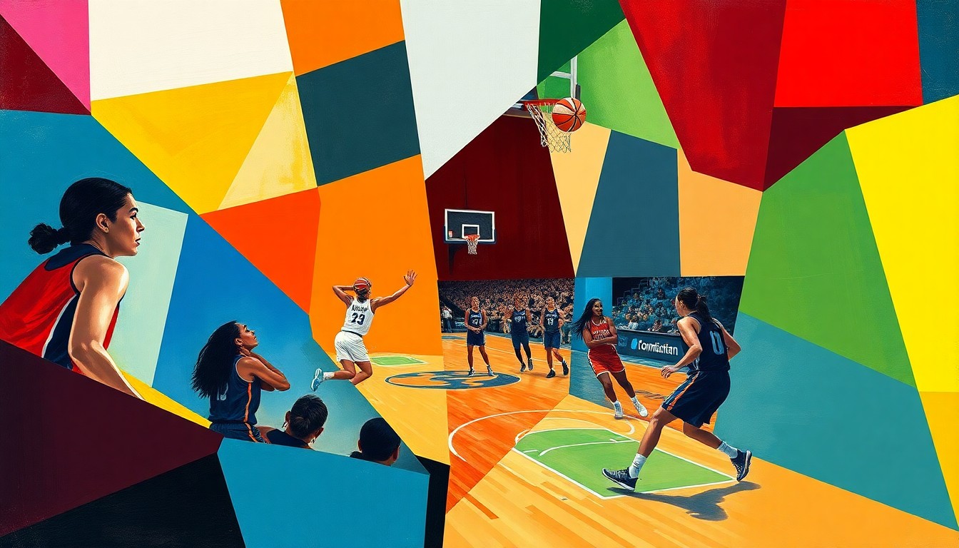 A fractured, cubist-style painting depicting a women's basketball game, with sharp geometric shapes and planes in the teams' official colors representing the players and court action.