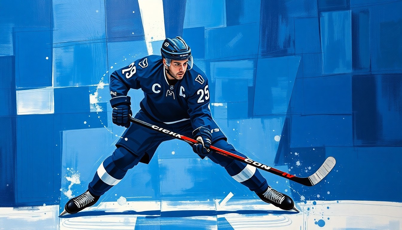 A cubist-style painting depicting a hockey player in mid-action, with their body broken down into sharp, overlapping geometric shapes in shades of blue and silver, capturing the dynamic movement and energy of the sport.