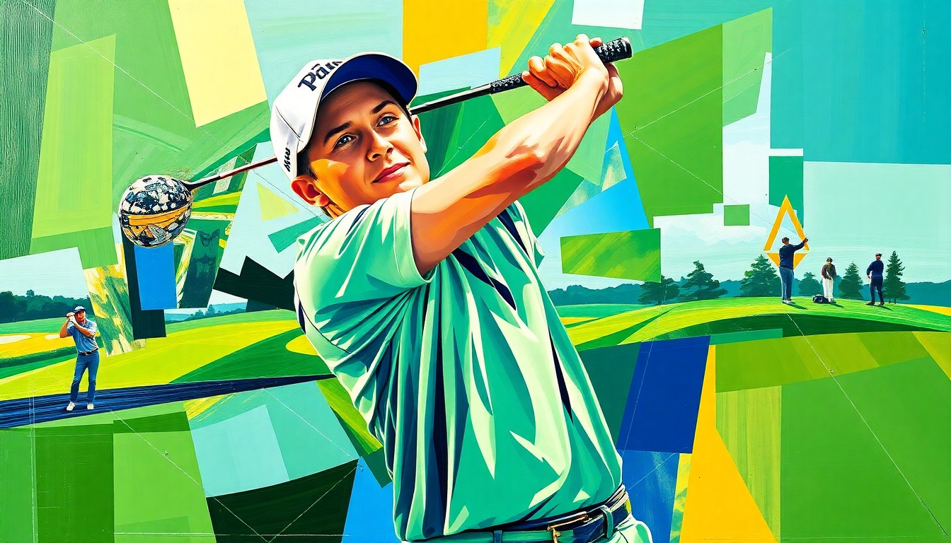 A cubist, geometric painting depicting Scottie Scheffler's golf swing and victory celebration, with vibrant colors and overlapping planes capturing the energy and dynamism of the sport.