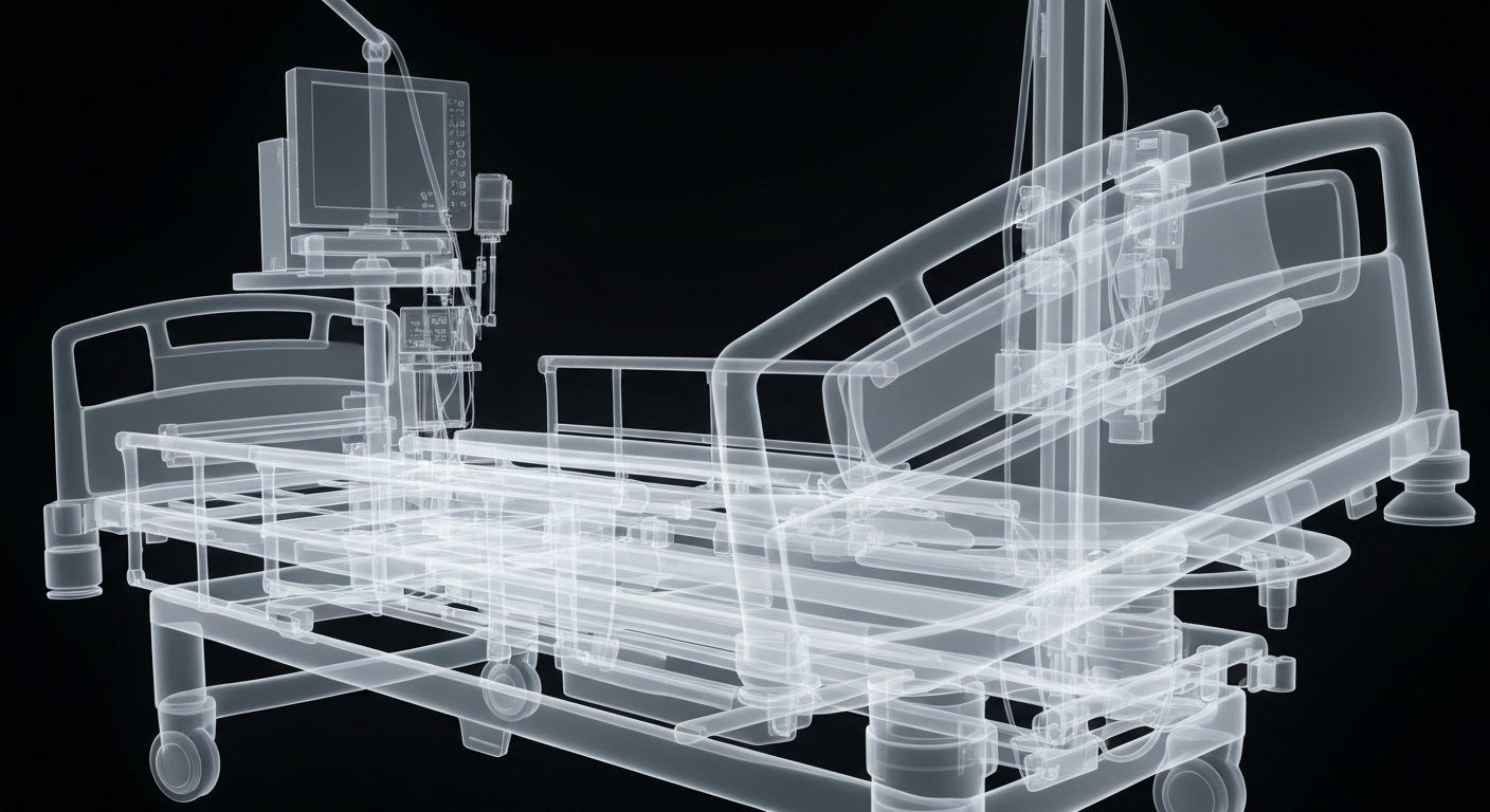 An extreme close-up X-ray photograph revealing the internal structure of a hospital bed and medical equipment, conveying the clinical and impersonal nature of remote medical monitoring.
