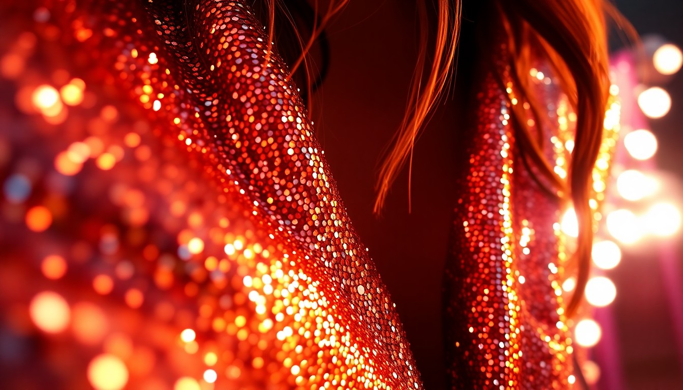 An extreme close-up photograph showcasing the luxurious textures of glittering sequins and shimmering metallic fabrics, captured in dramatic high-contrast studio lighting to evoke the glamour and energy of the Coachella music festival.