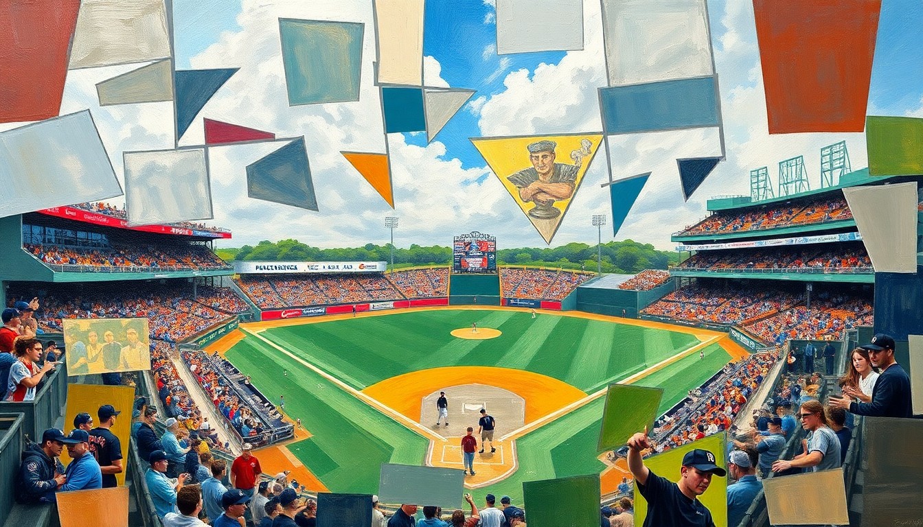 A fractured, multi-perspective painting in a cubist style, depicting a high school baseball game broken down into sharp, overlapping geometric planes of color and form, conveying the complex challenges faced by the Puyallup baseball program.