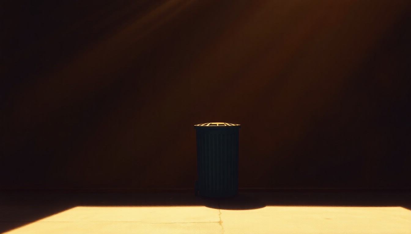 A serene, cinematic painting depicting a lone trash can or dumpster in an urban setting, with warm sunlight casting deep shadows across the scene, conveying a sense of contemplation and the complexities of municipal decision-making.