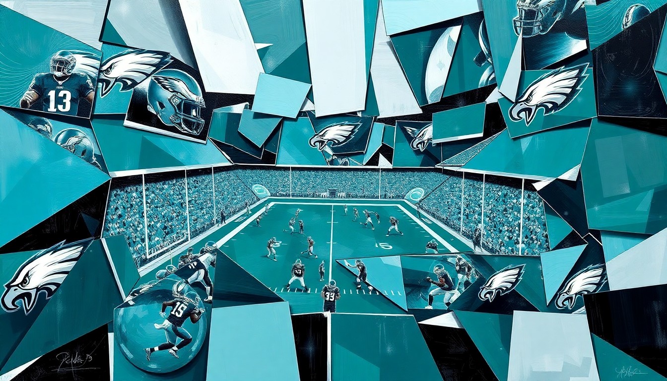 A fractured, geometric painting depicting a Philadelphia Eagles football game, with sharp planes of midnight green, silver, and black representing the team's colors and the complex nature of their draft decisions.