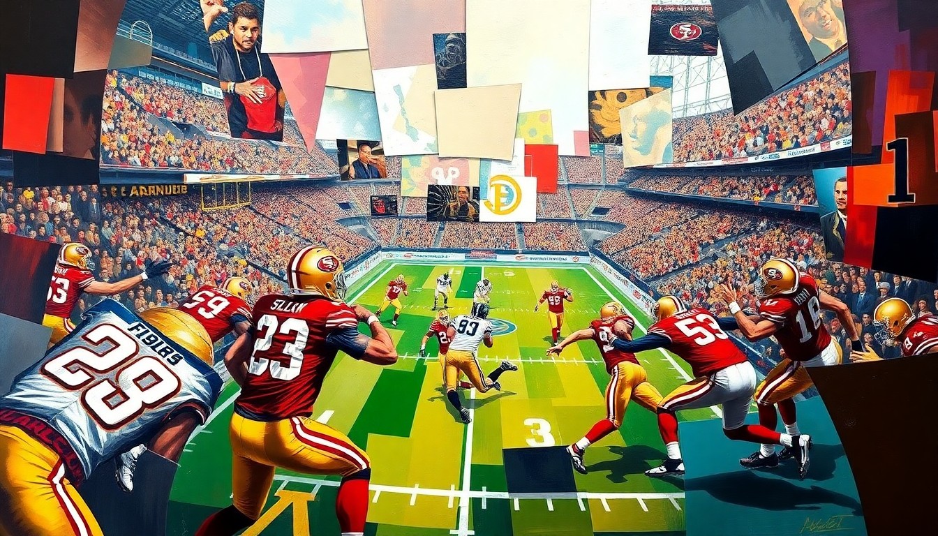 A cubist, geometric painting depicting a fragmented San Francisco 49ers football game, with sharp, overlapping planes of red, gold, and black colors representing the team's uniforms and the chaotic nature of their free agency strategy.