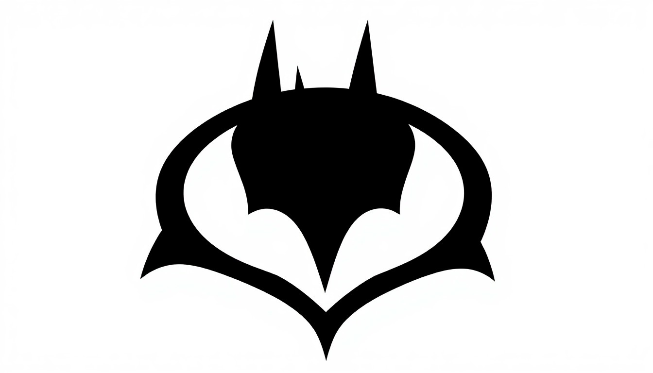 A bold, abstract illustration featuring a striking black silhouette of the Batman symbol, set against a high-contrast background of solid red and white geometric shapes, conceptually representing the iconic hero in a minimalist, graphic style.