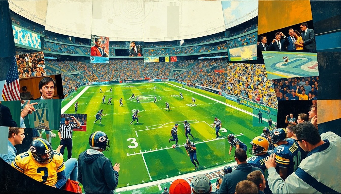 A fragmented, multi-angled painting depicting a football coaching scene, with players and coaches broken down into sharp, overlapping geometric shapes and planes in a Cubist style.