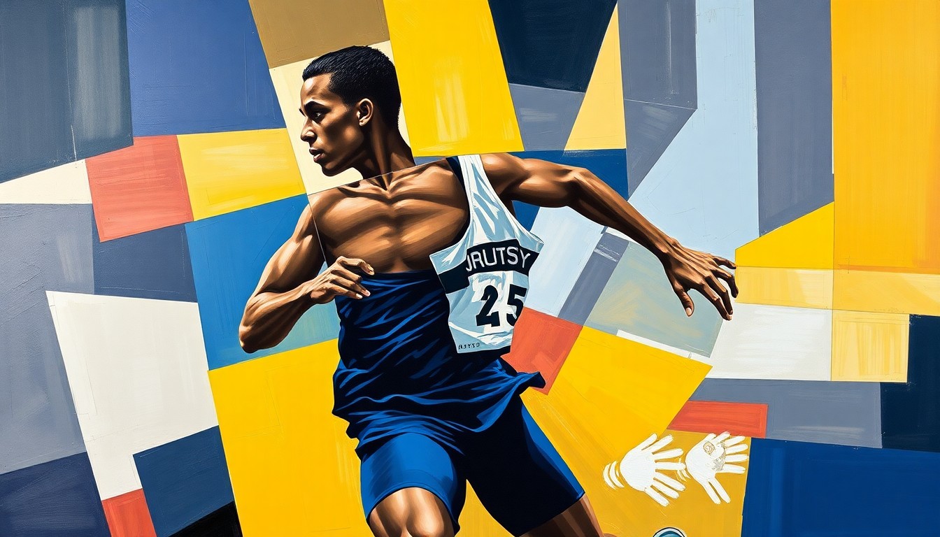 A fragmented, geometric painting in vibrant navy blue and gold hues depicts a college track and field athlete in mid-motion, their form deconstructed into sharp, overlapping planes that convey a sense of power and athleticism.
