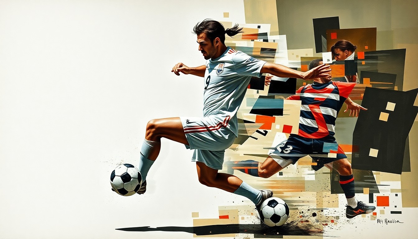 A cubist-style painting depicting a soccer player in motion, with their form broken down into sharp, overlapping geometric shapes and planes, capturing the dynamic energy of the sport.
