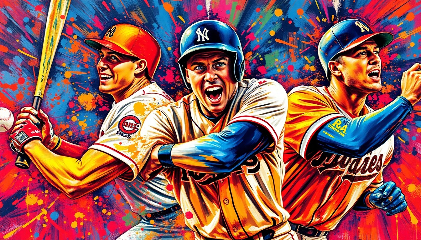 An extreme close-up of baseball players in motion, their forms dissolved into a vibrant, expressionist painting of neon colors and rapid brushstrokes, conveying the raw energy and emotion of the sport.