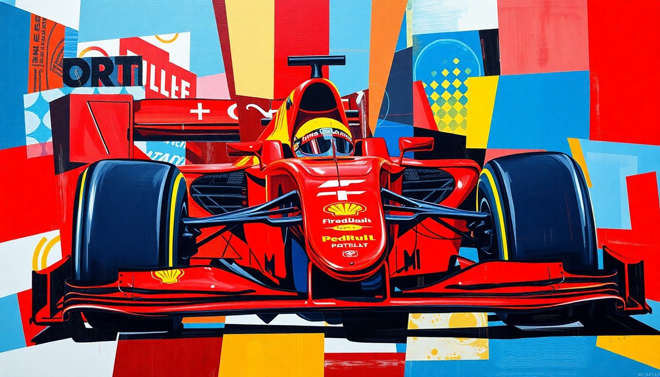 A cubist, geometric painting depicting various luxury items associated with Formula 1 drivers, including a private jet, a superyacht, and a mansion, all broken down into sharp, overlapping planes of vibrant colors.